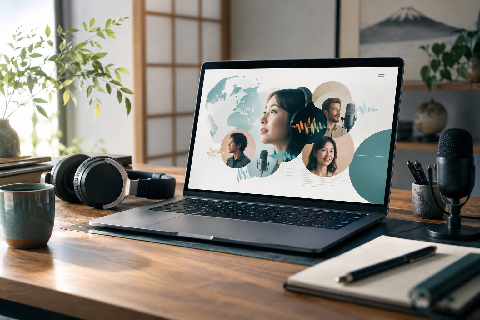 ホームページ公開をイメージしたパソコンと収録機材