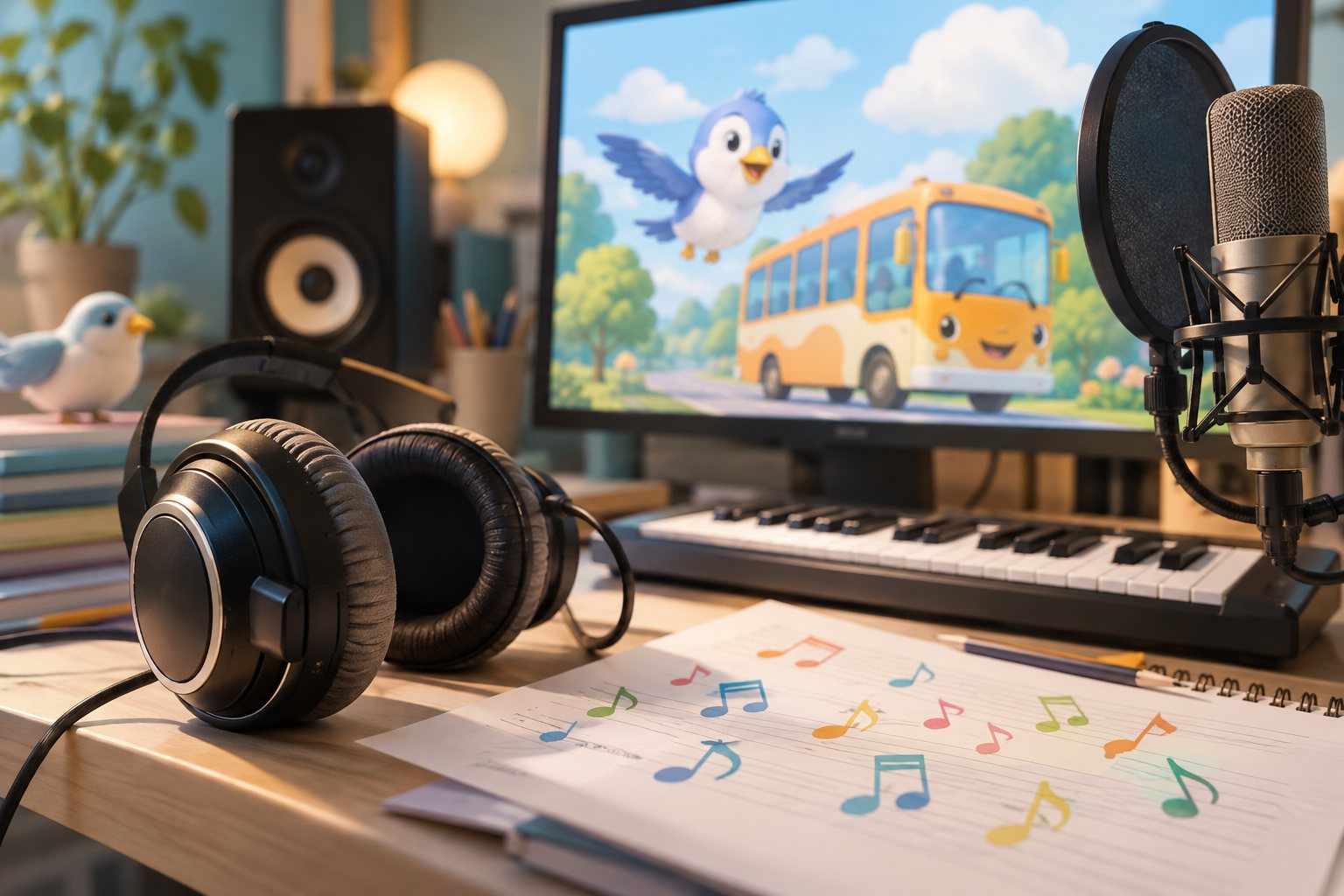 子ども向けアニメーション主題歌の収録をイメージした楽器とマイク